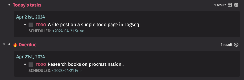 Screenshot of todo list in Logseq